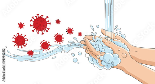 Health and hygiene concept showing human hands being thoroughly washed with soap and water to rinse away red virus particles.