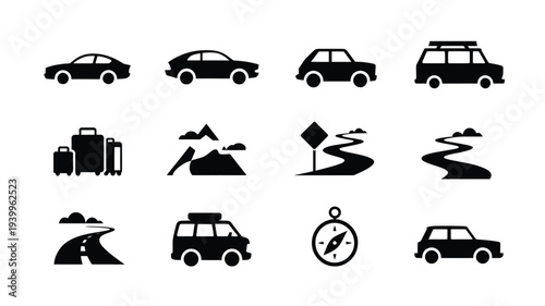 Travel and transportation icons featuring cars roads luggage and navigation symbols for adventure and journey concepts