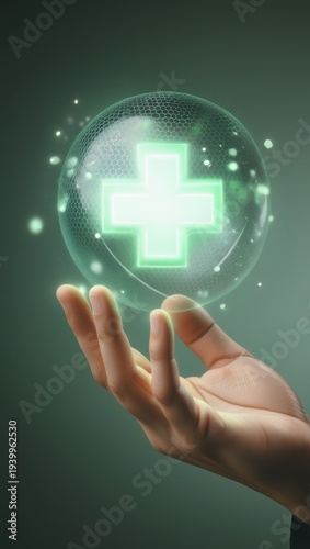Person holding glowing green cross in palm of hand with floating orb  medical technology concept