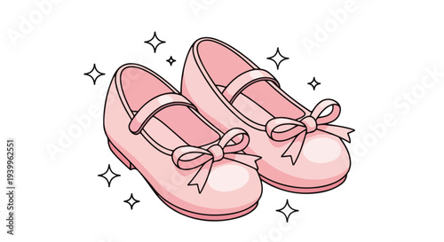 A pair of pink Mary Jane shoes with bows and straps on a white background with sparkles.