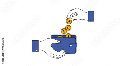 Financial concept illustration showing a hand dropping gold coins into a blue wallet held by another person on a white background.
