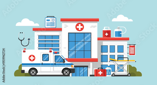 Hospital building with an ambulance parked outside, medical stretcher, and healthcare items