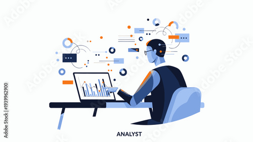 An analyst sitting at a desk working on a laptop with various charts and graphs floating around in a professional setting.