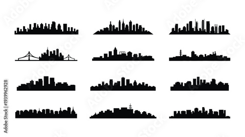 City skyline silhouettes collection urban landscape black icons on white background cityscape elements architecture symbols