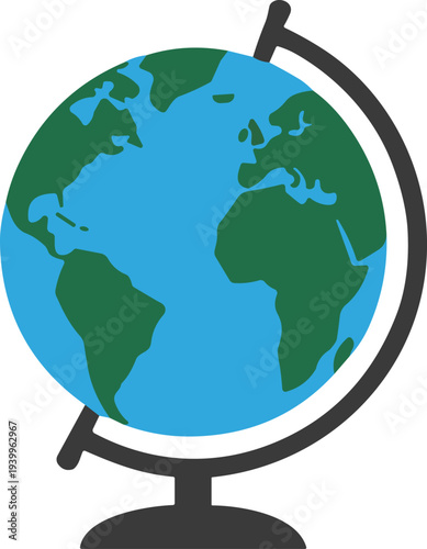 Educational globe with continents on stand, vector illustration symbolizing geography, Earth, global learning, travel, and worldwide knowledge themes