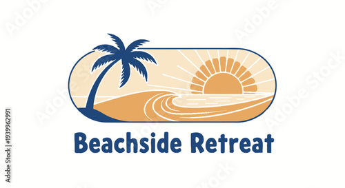 Tranquil Beachside Retreat Logo with Palm Tree, Ocean Wave, and Setting Sun, isolated white background