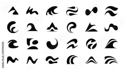 Collection of abstract black swoosh shapes on white background for design elements and graphic illustrations