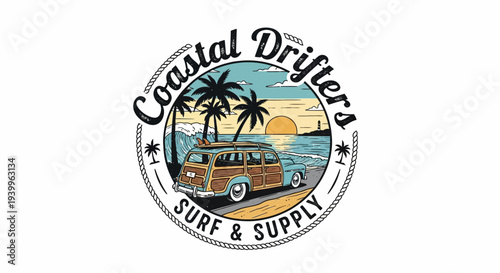 Retro Coastal Drifters Surf and Supply Logo with Vintage Woody Car and Palm Trees at Sunset Beach, isolated white background