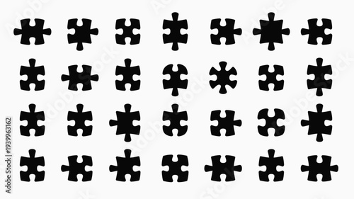 Collection of black puzzle pieces arranged in rows on white background symbolizing problem solving and unity