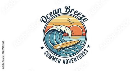 Ocean Breeze Summer Adventures Logo with Dynamic Wave, Sun, and Surfboard Bordered by Rope, isolated white background