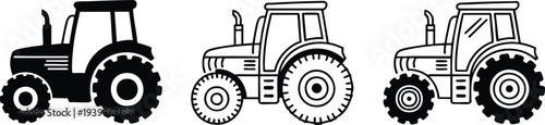 Modern Farm Tractor Silhouette and Outline Set, Agricultural Machinery and Farming Equipment Icons, Heavy-Duty Tractor Vector Symbols for Agriculture.