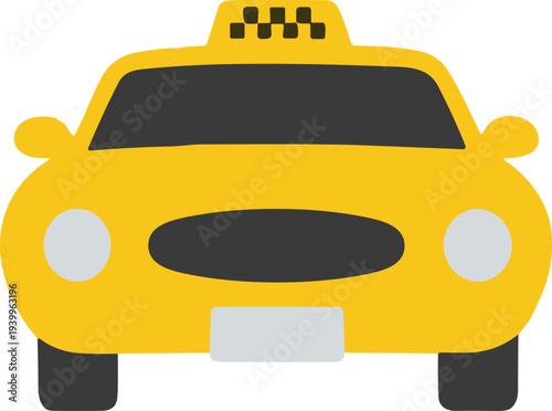 Yellow taxi cab front view with checkerboard roof sign, cartoon vector illustration representing urban transportation, city travel, and taxi service themes