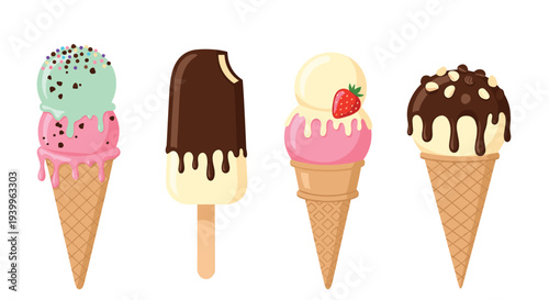 Set of four delicious frozen treats including various ice cream cones with toppings like strawberries and chocolate, and a chocolate-dipped bar.