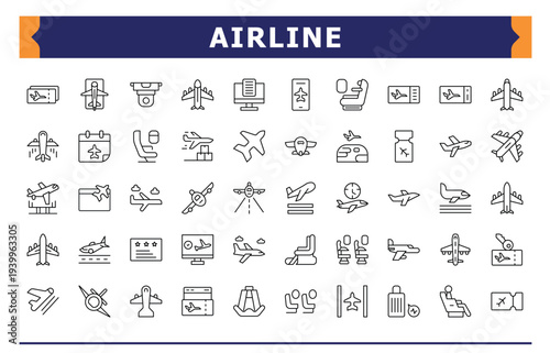 Airline line icon set. Flight icon set. Modern icons collection. Includes symbols for transport, air, flight, plane, air bus, airport and more. Art and illustration.
