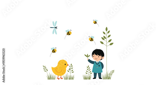 Young boy in school uniform explores nature while interacting with a yellow chick and buzzing bees in a peaceful garden setting.
