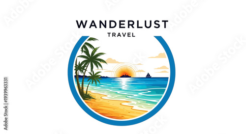 Wanderlust Travel Logo with Tropical Beach, Palm Trees, Sunset, Ocean, and Sailboat on Isolated White Background