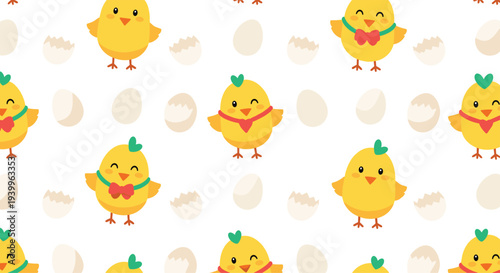 Cheerful seamless pattern showcases adorable yellow chicks wearing bowties and scarves alongside broken eggshells on a clean white background.