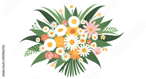 Colorful bouquet of various wildflowers including daisies and pink blossoms is gathered with long green leaves in a natural arrangement.