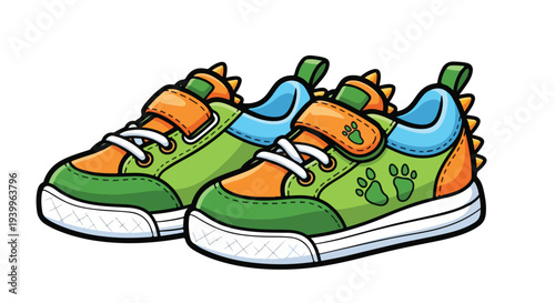A pair of green, orange, and blue children's sneakers with white laces on a plain white background.