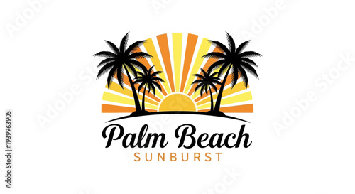 Palm Beach Sunburst Tropical Emblem with Silhouetted Palm Trees and Radiant Sun