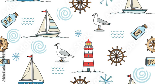 Maritime seamless pattern features a striped lighthouse, seagulls, sailboats, ship wheels, and messages in bottles across a white background.