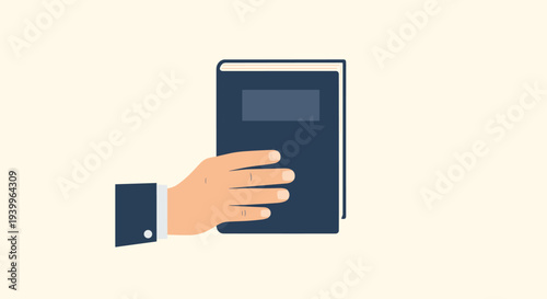 Simple flat illustration depicts a human hand in a suit sleeve holding a large dark blue book against a light cream background.