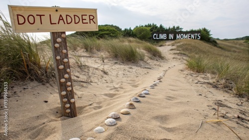 Scenic sandy pathway with signpost, shells, and tall grass in natural landscape inviting exploration and adventure