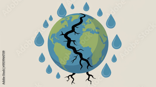 Cracked earth globe with drought concept and water droplets on beige background