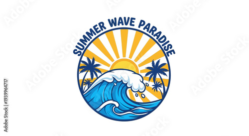 Summer Wave Paradise Logo with Ocean Waves and Palm Trees.