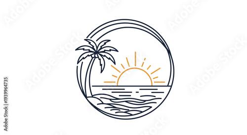 Tropical beach scene with palm tree and sunset in circular frame.