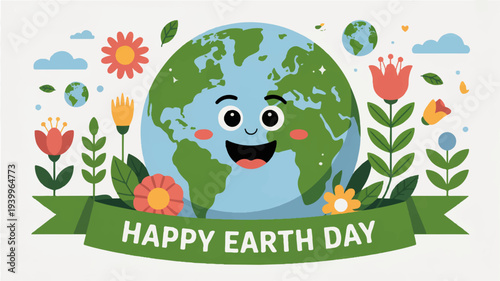 Happy earth day cartoon globe with smiling face surrounded by colorful flowers and leaves on green banner
