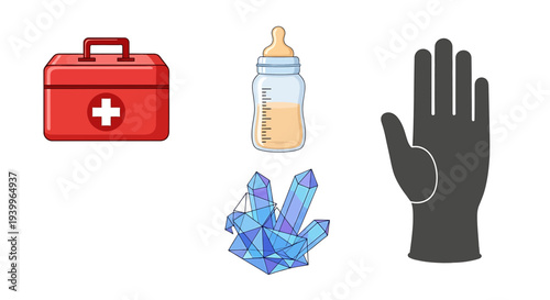 Set of medical and miscellaneous icons including a first aid kit, baby bottle, crystal cluster, and a black protective glove
