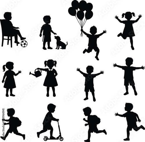 Black Silhouette Vector Collection of Active Children Featuring Boys and Girls Playing Soccer, Riding Scooters, Holding Balloons, and Running for School and Childhood Education Designs