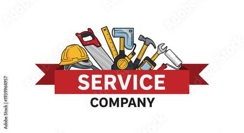 Professional service company logo displays a construction helmet and various hand tools behind a bold red ribbon.