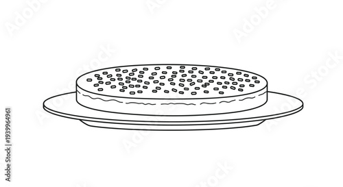 Simple line drawing of a round pizza or cake with toppings sits on a flat plate ready for coloring or decoration.
