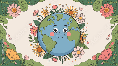 Smiling earth globe surrounded by colorful flowers and leaves on beige background eco friendly symbol