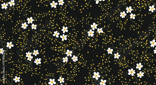 Elegant pattern of white daisies with yellow centers and small golden filler flowers on a solid black background.