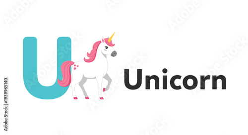 Magical white unicorn with a pink mane and golden horn stands beside a blue letter U and its name for kids.