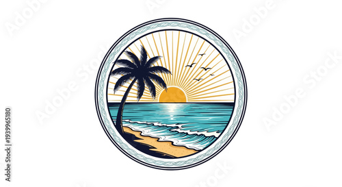 Tropical beach scene with palm tree and sunrise in circular frame.
