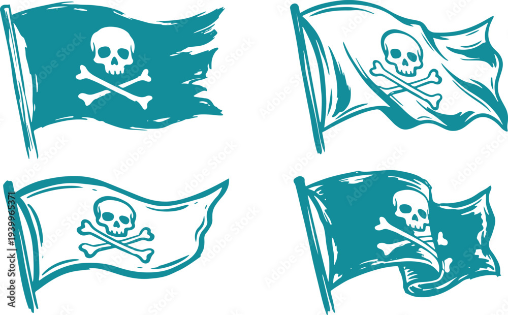 Obraz premium Hand Drawn Pirate Flag Set Skull and Crossbones Jolly Roger Sketch Vector Illustration.