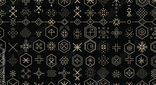 Complex geometric pattern of ancient tribal symbols and runic markings covers a dark background in a grid layout.
