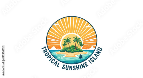 Tropical island paradise with palm trees and sunny landscape.