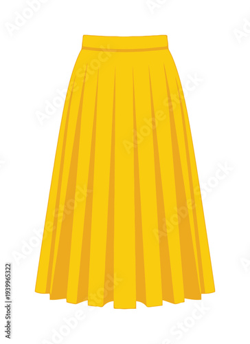 Vibrant yellow vector of a pleated midi skirt with a wide waistband and flowing design