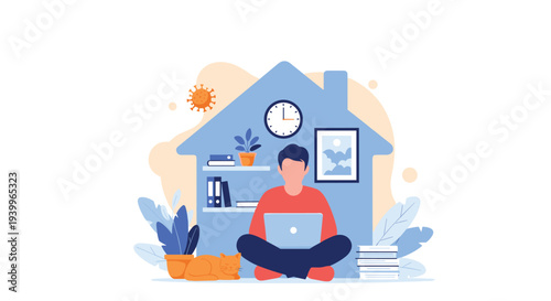 Man sits on the floor working on a laptop at home during quarantine while a cat rests nearby inside a house shape.