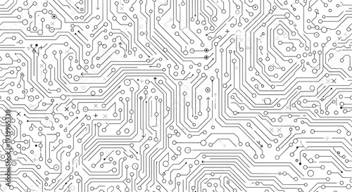 Intricate circuit board pattern features various electronic paths and connection points in a clean technical design.