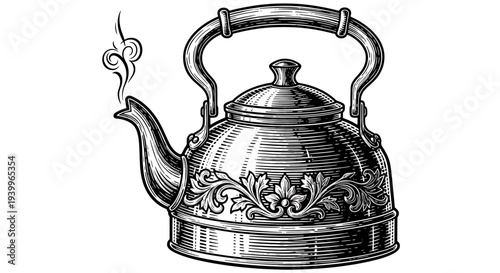Vintage engraved illustration of a steaming tea kettle