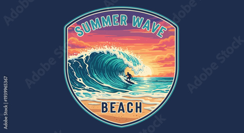 Vibrant Summer Wave Beach Logo Design with Surfer Riding Ocean Wave.