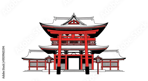 Traditional japanese temple architecture with red torii gate illustration
