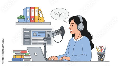 Young woman wearing headphones recording a podcast at her desk equipped with a microphone laptop and professional audio equipment.