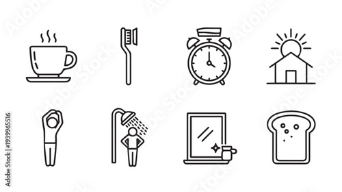 Morning Routine Icons: Coffee Brushing Teeth Alarm Sunrise Shower Mirror Toast